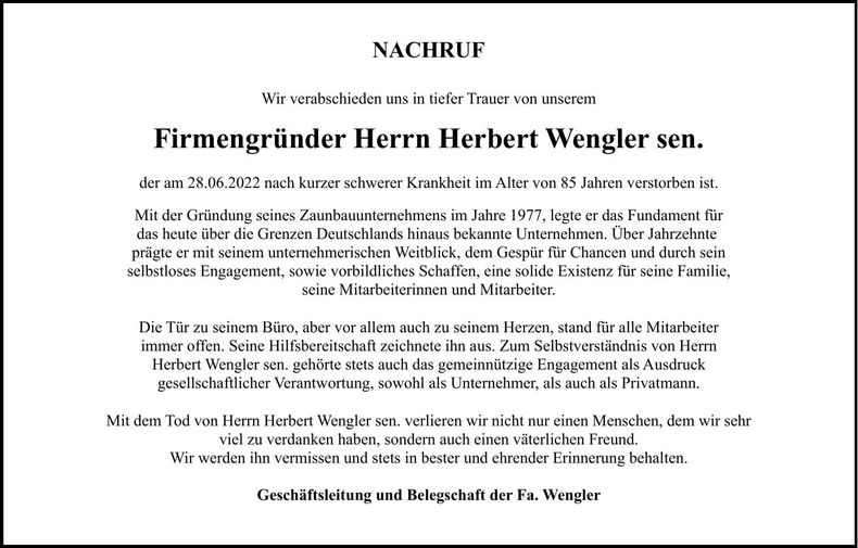 Traueranzeige Herbert Wengler