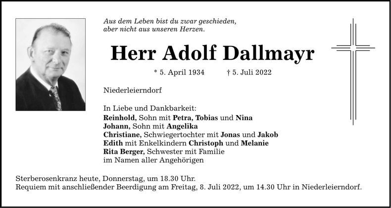 Traueranzeige Dallmayr Adolf