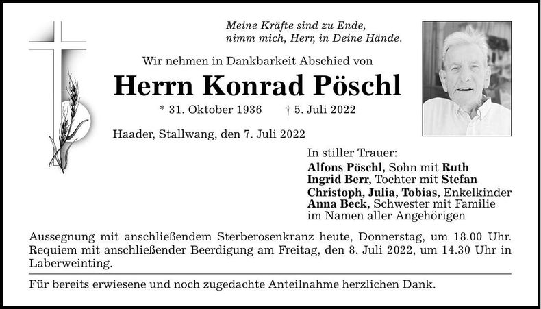 Traueranzeige Konrad Pöschl