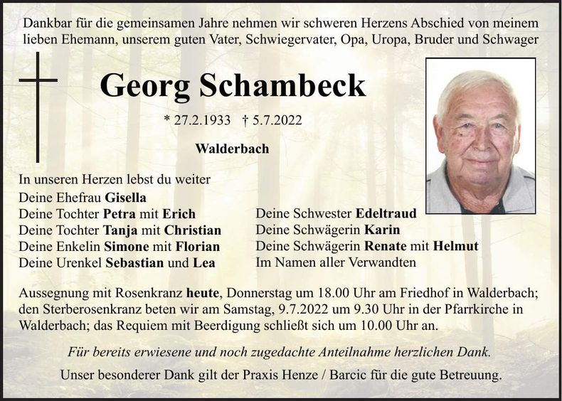 Traueranzeige Georg Schambeck