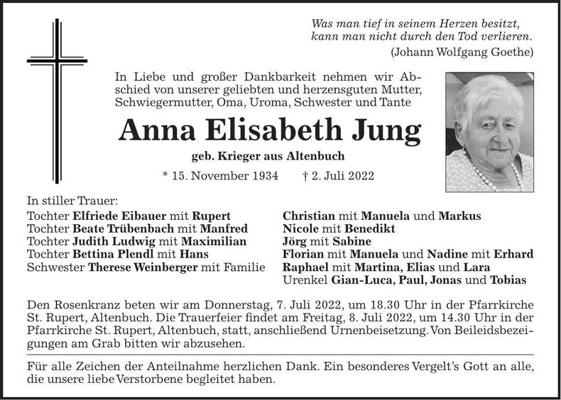 Traueranzeige Anna Elisabeth Jung
