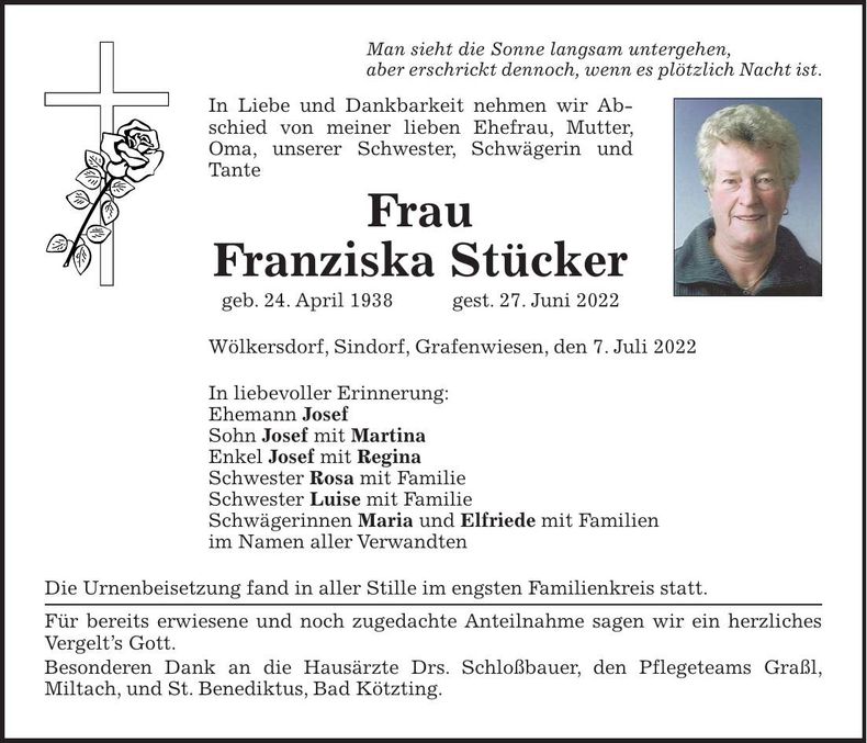 Traueranzeige Franziska Stücker