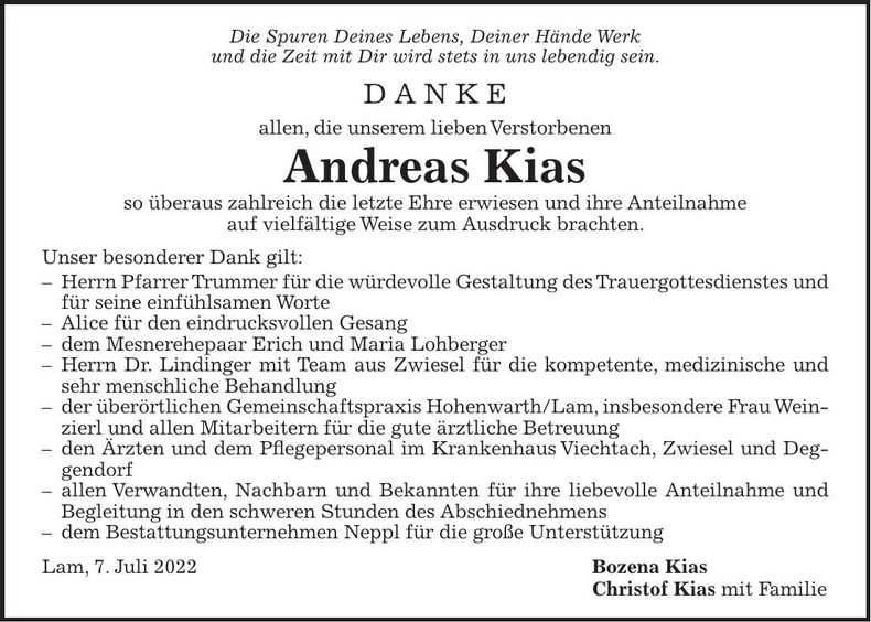 Traueranzeige Andreas Kias