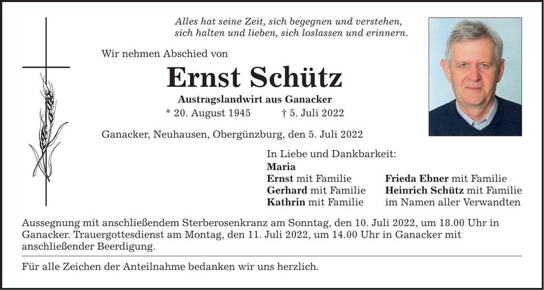 Traueranzeige Schütz Ernst