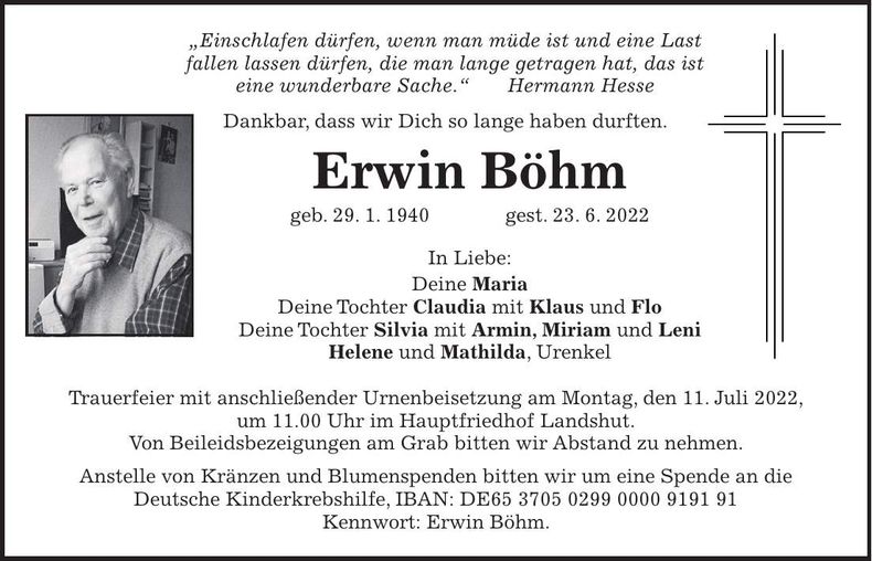 Traueranzeige Erwin Böhm