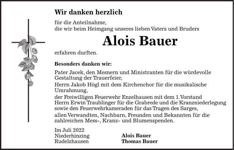 Traueranzeige Alois Bauer