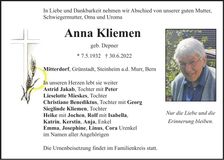 Traueranzeige Anna Kliemen