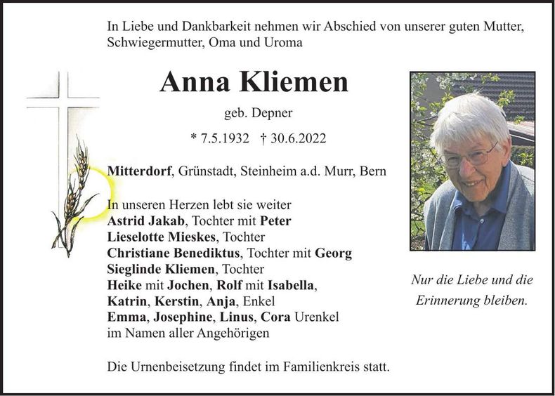 Traueranzeige Anna Kliemen