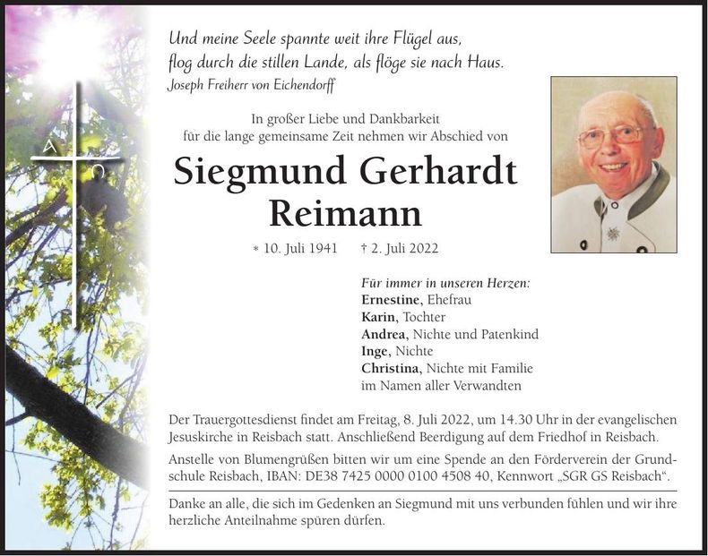 Traueranzeige Siegmund Gerhardt Reimann