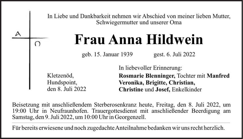 Traueranzeige Anna Hildwein