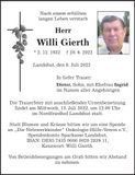 Traueranzeige Willi Gierth