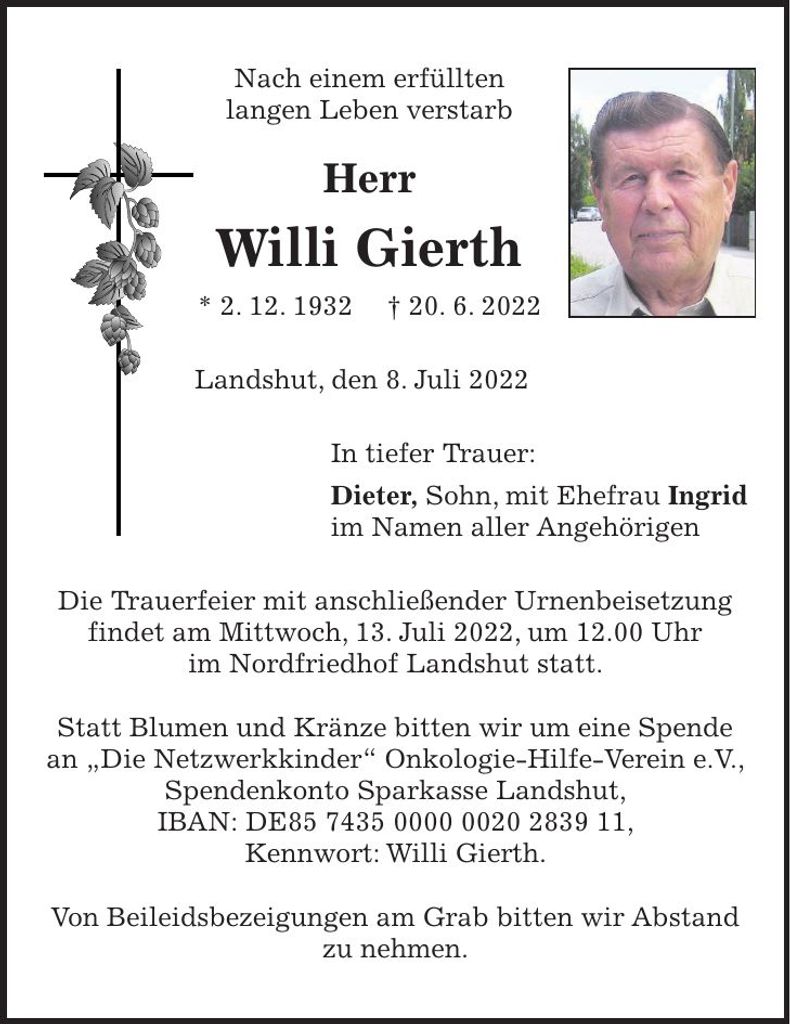 Traueranzeige Willi Gierth