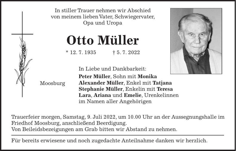 Traueranzeige Otto Müller