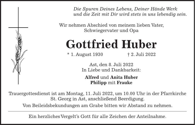 Traueranzeige Gottfried Huber