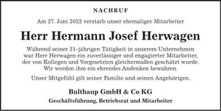 Traueranzeige Hermann Josef Herwagen