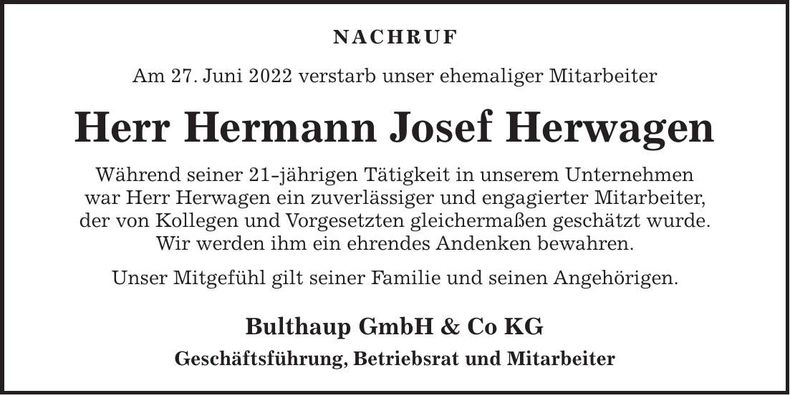 Traueranzeige Hermann Josef Herwagen