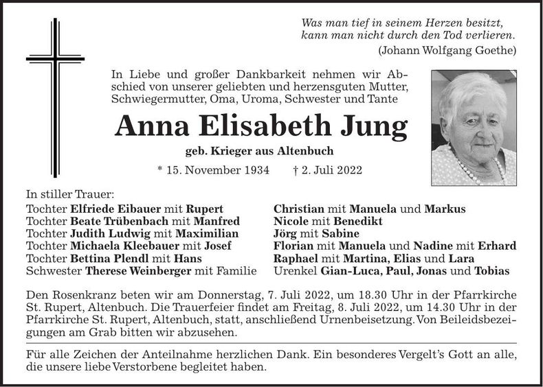 Traueranzeige Anna Elisabeth Jung