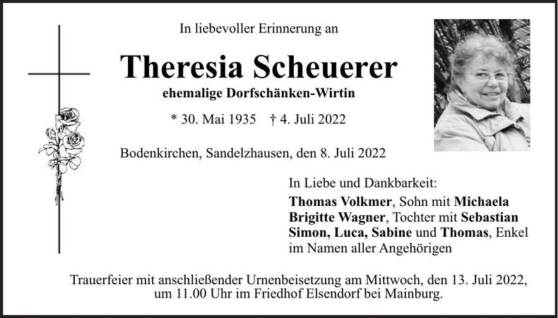 Traueranzeige Theeresia Scheuerer