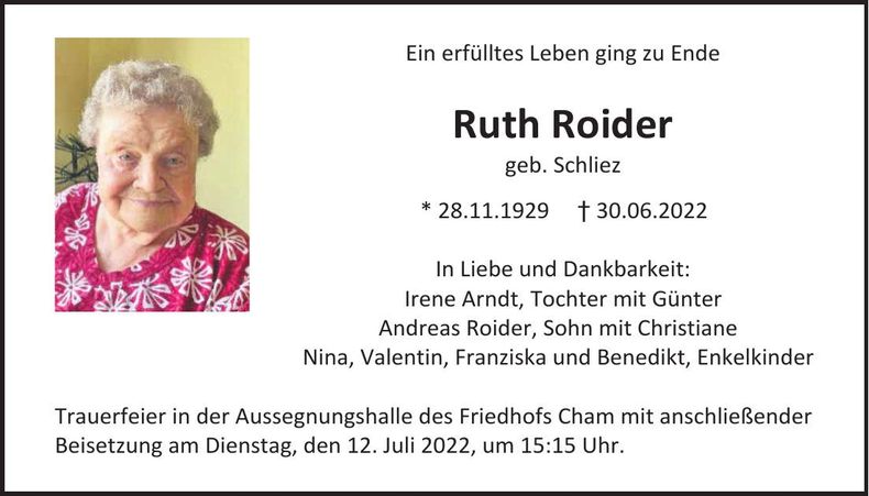 Traueranzeige Ruth Roider