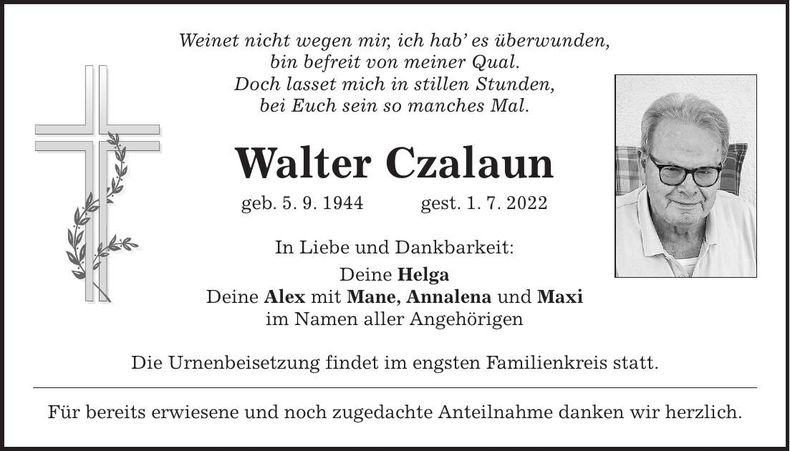 Traueranzeige Walter Czalaun