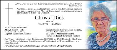 Traueranzeige Christa Dick