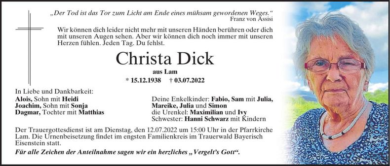 Traueranzeige Christa Dick