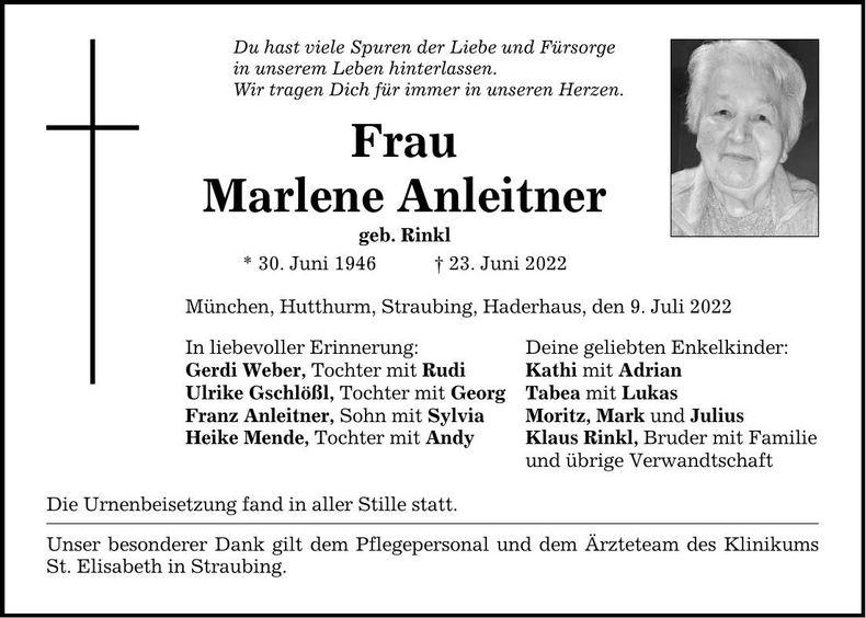 Traueranzeige Marlene Anleitner