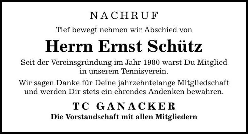 Traueranzeige Ernst Schütz