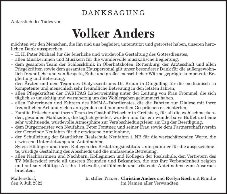 Traueranzeige Volker Anders