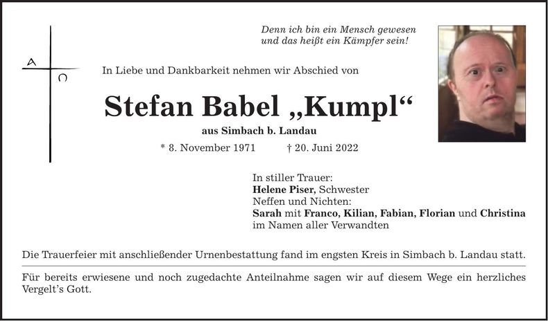 Traueranzeige Stefan Babel