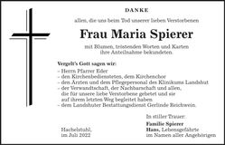 Traueranzeige Maria Spierer