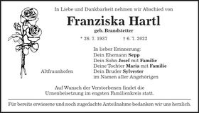 Traueranzeige Franziska Hartl