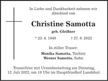 Traueranzeige Christine Samotta