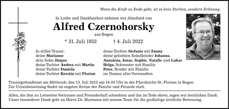 Traueranzeige Alfred Czernohorsky