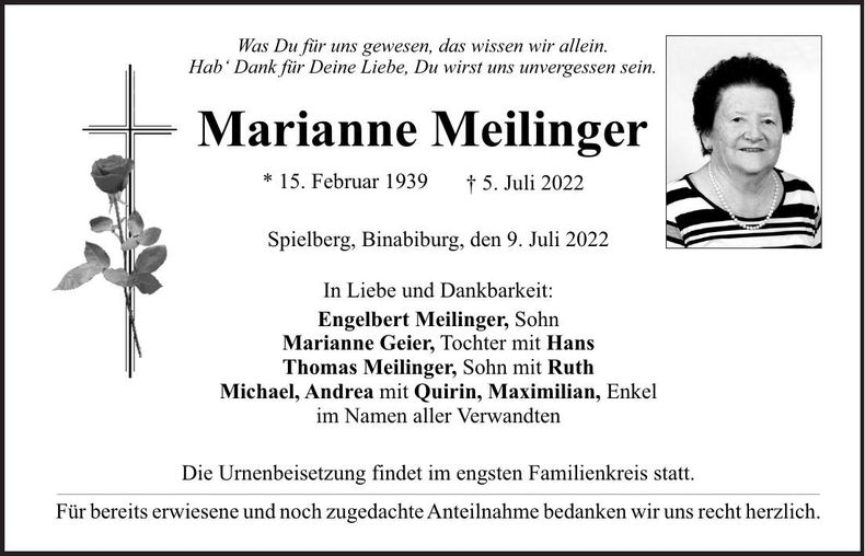 Traueranzeige Marianne Meilinger