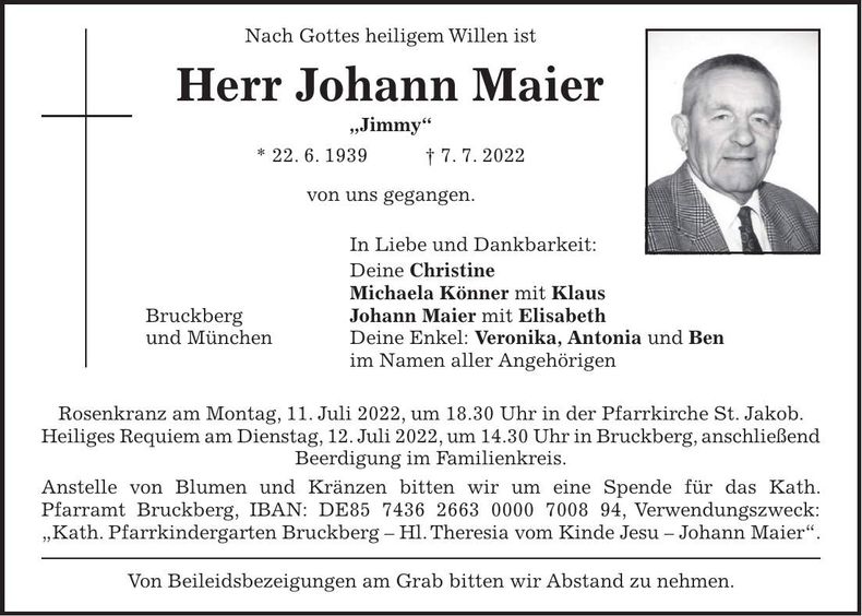 Traueranzeige Johann Maier