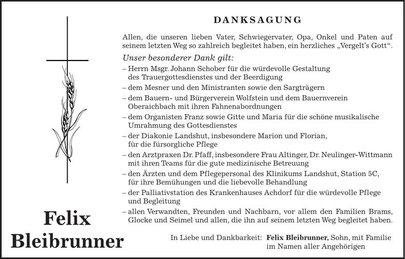 Traueranzeige Felix Bleibrunner