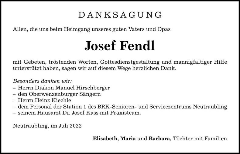 Traueranzeige Josef Fendl