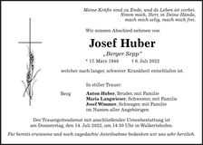 Traueranzeige Josef Huber