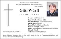 Traueranzeige Gitti Würfl