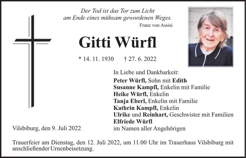 Traueranzeige Gitti Würfl