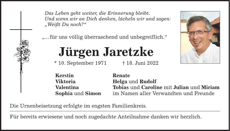 Traueranzeige Jürgen Jaretzke