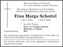 Traueranzeige Marga Schottel