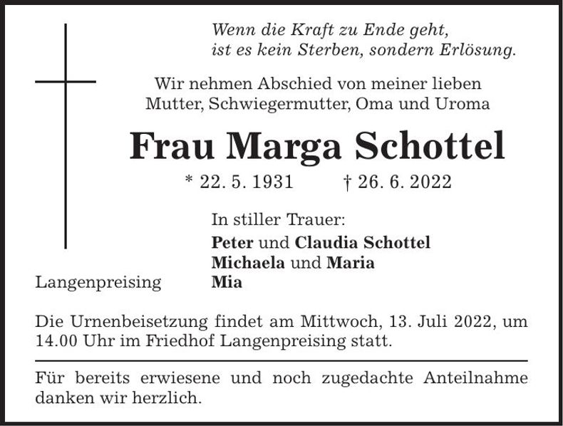 Traueranzeige Marga Schottel