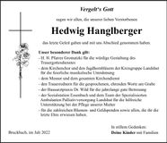 Traueranzeige Hedwig Hanglberger