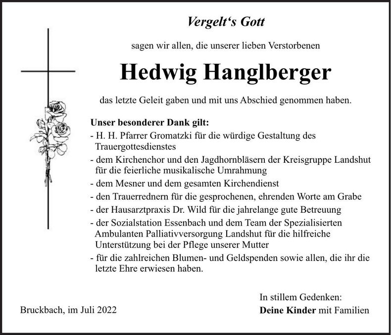 Traueranzeige Hedwig Hanglberger