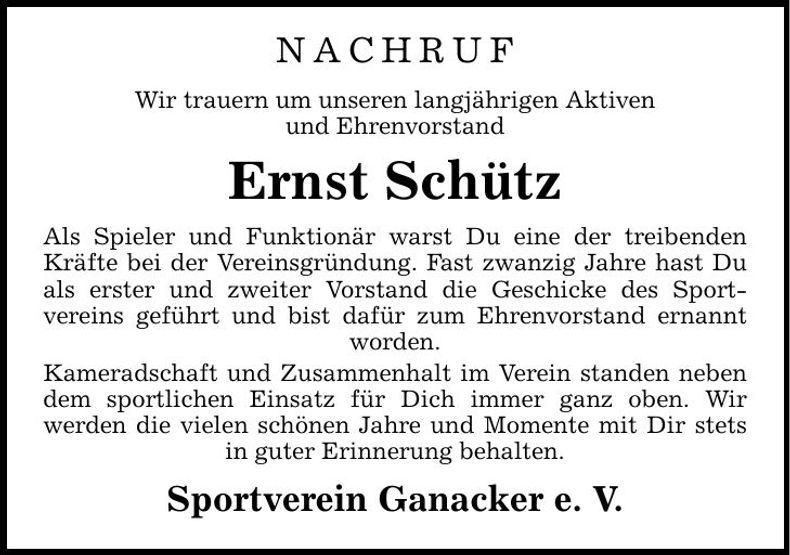 Traueranzeige Ernst Schütz