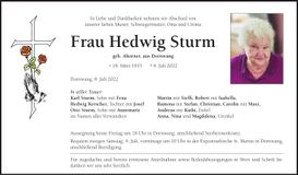 Traueranzeige Hedwig Sturm