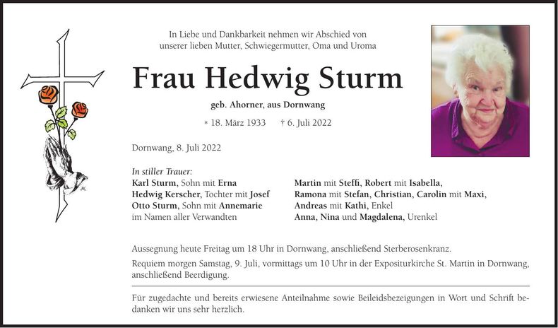 Traueranzeige Hedwig Sturm