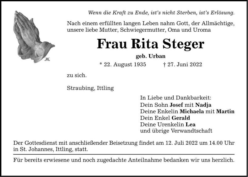 Traueranzeige Rita Steger